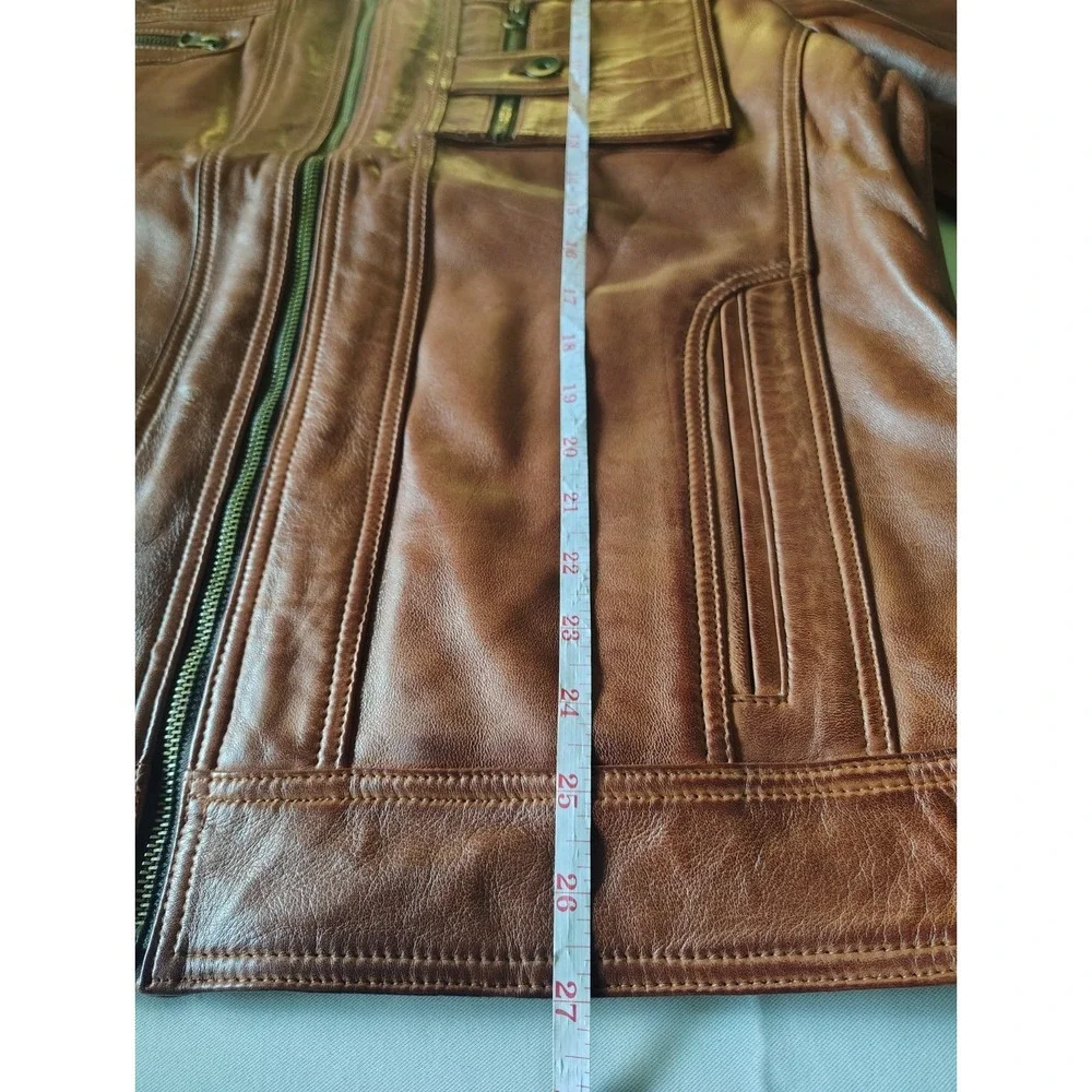 Men's Cognac Brown Real Leather Moto Biker Bomber Jacket Ribbed Collar Size L